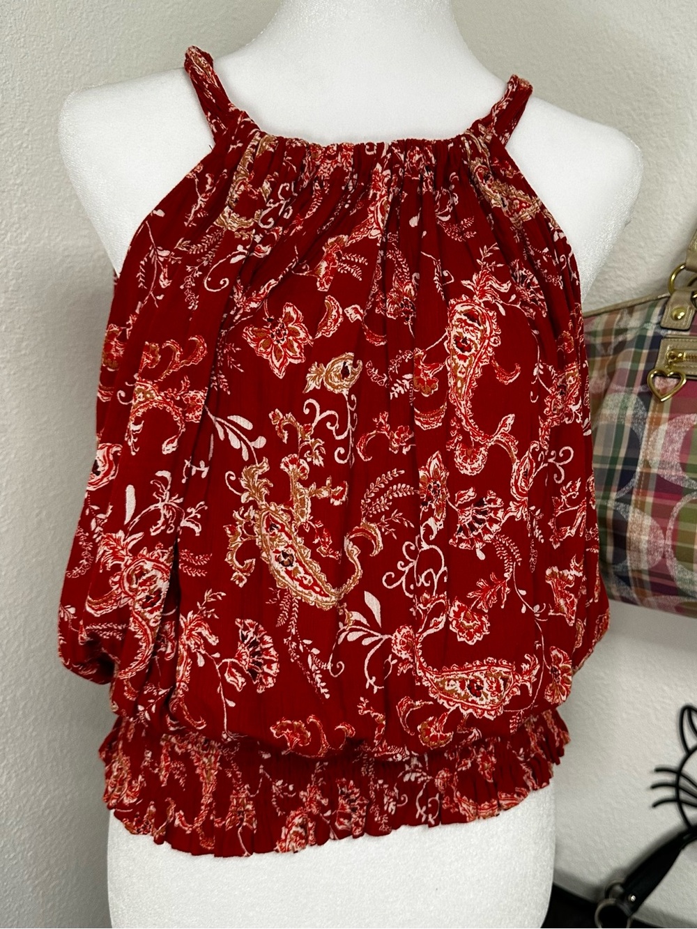 maurices large Women’s Patterned Blouse Tank Top red orange flowy ribbed